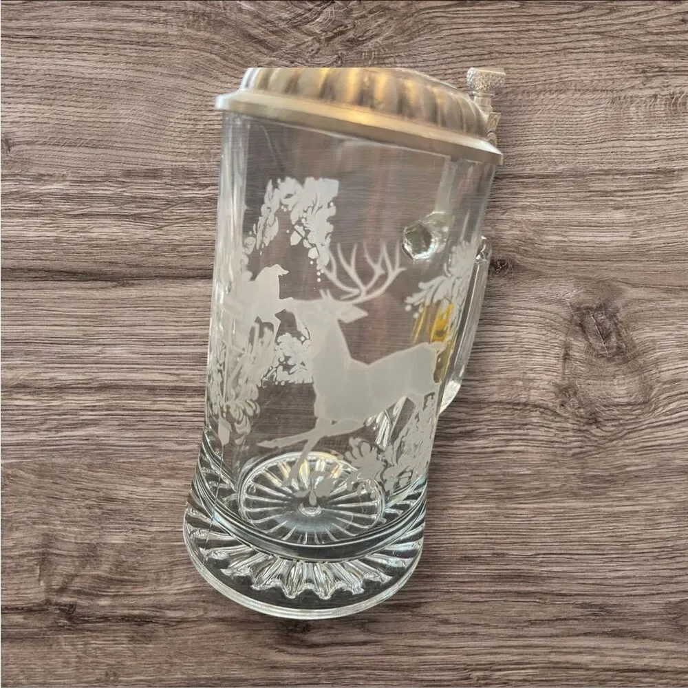 Vintage German Crystal Glass Beer Stein w/ Pewter Lid Set of 2